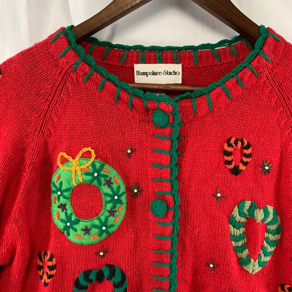 Hampshire Studio Cardigan Women‎ M Red Christmas Teddy Bear Applique Sweater